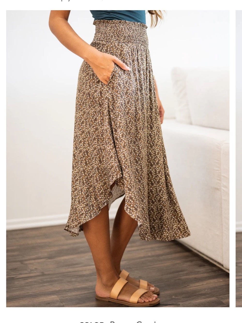 Sozy Smocked Waist Printed Midi Skirt in Beige - Picture 8 of 8